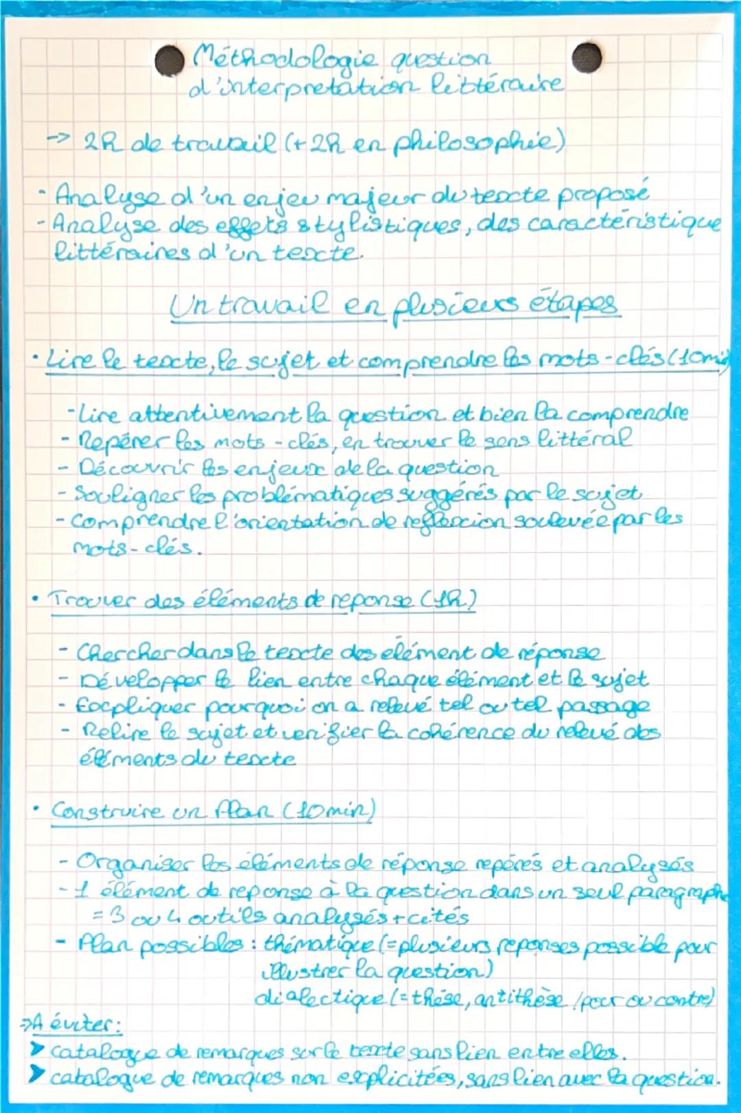 Méthodologie question
d'interpretation littéraire
→ 2h de travail (+ 2h en philosophie)
• Analyse d'un enjeu majeur du texte proposé
• Analy