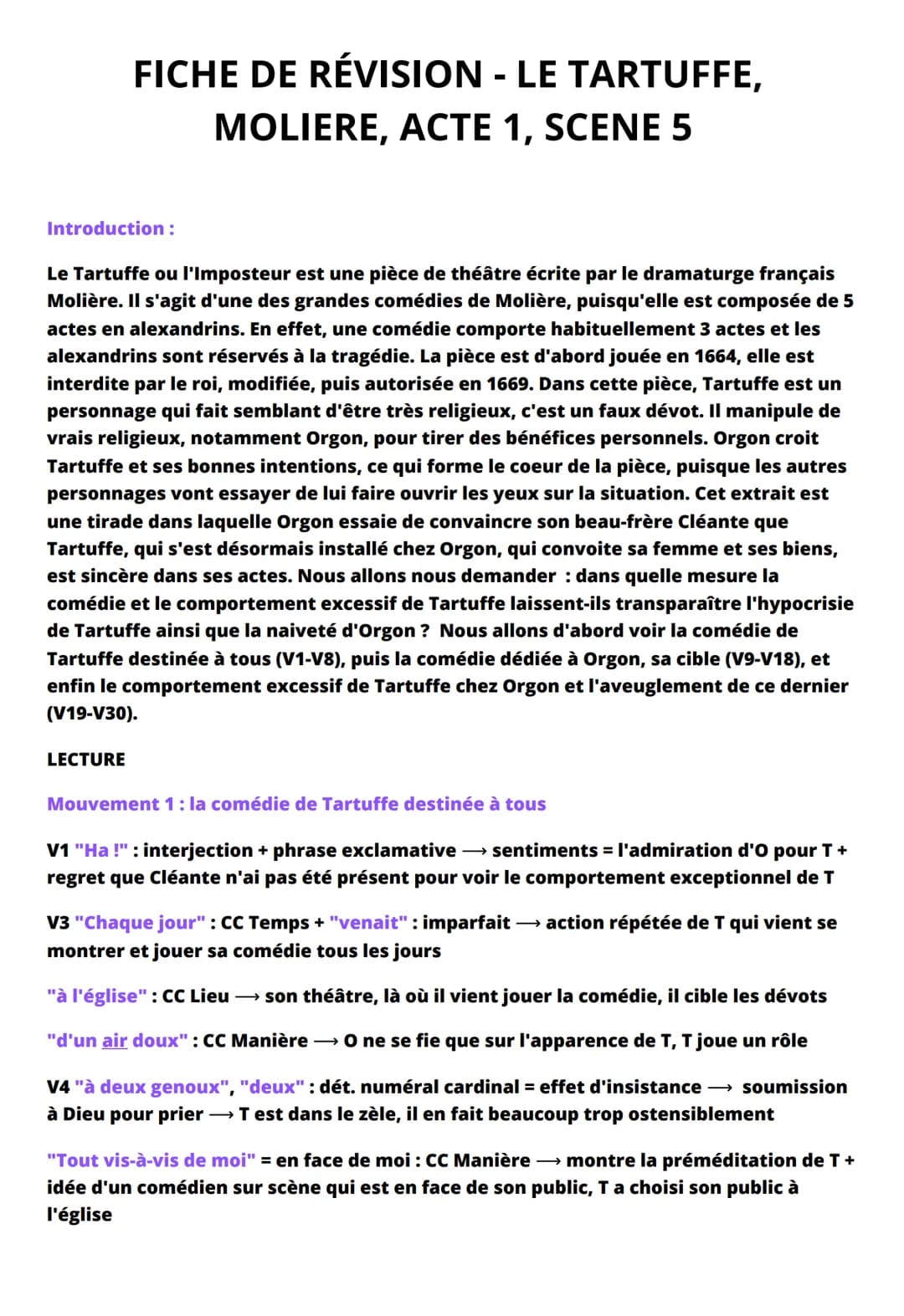 FICHE DE RÉVISION - LE TARTUFFE,
MOLIERE, ACTE 1, SCENE 5
Introduction :
Le Tartuffe ou l'Imposteur est une pièce de théâtre écrite par le d