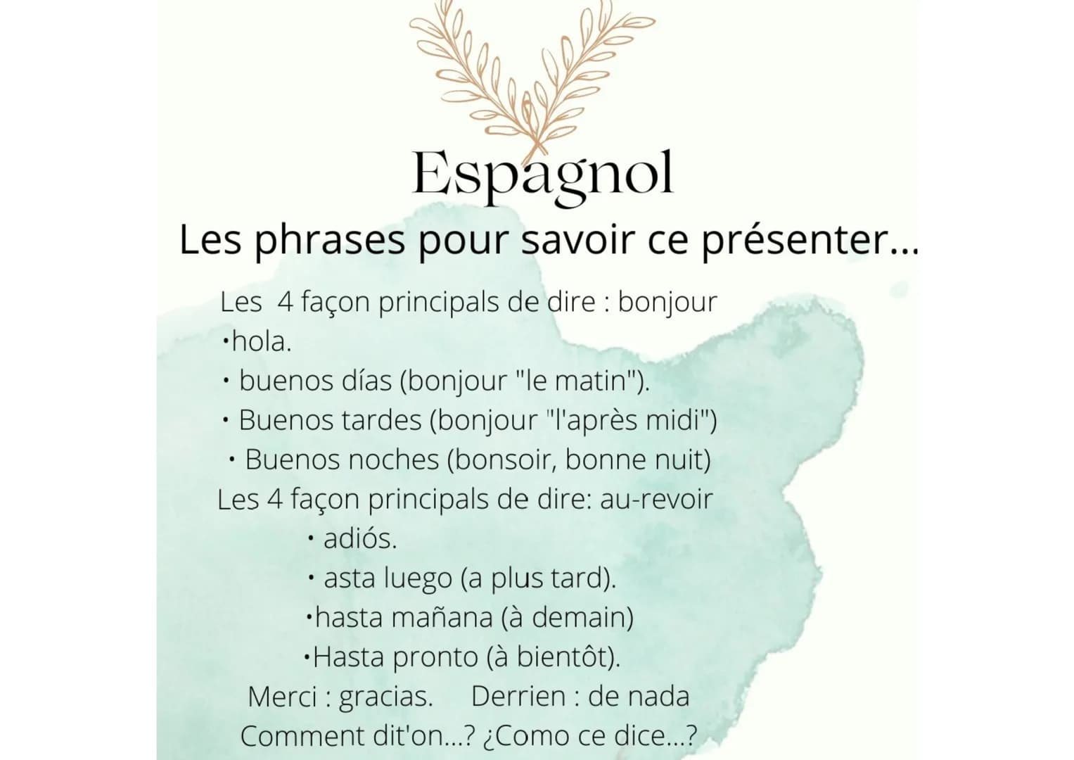 Espagnol
Les phrases pour savoir ce présenter...
Les 4 façon principals de dire : bonjour
.hola.
• buenos días (bonjour "le matin").
• Bueno