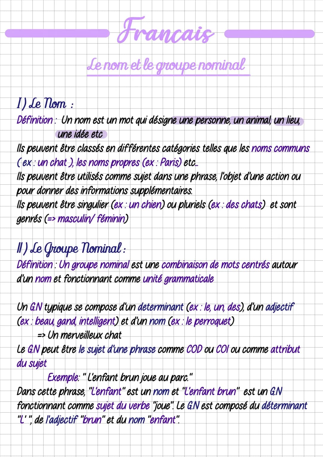 Francais
Le nom et le groupe nominal
1) Le nom :
Définition: Un nom est un mot qui désigne une personne, un animal, un lieu,
une idée etc
Il