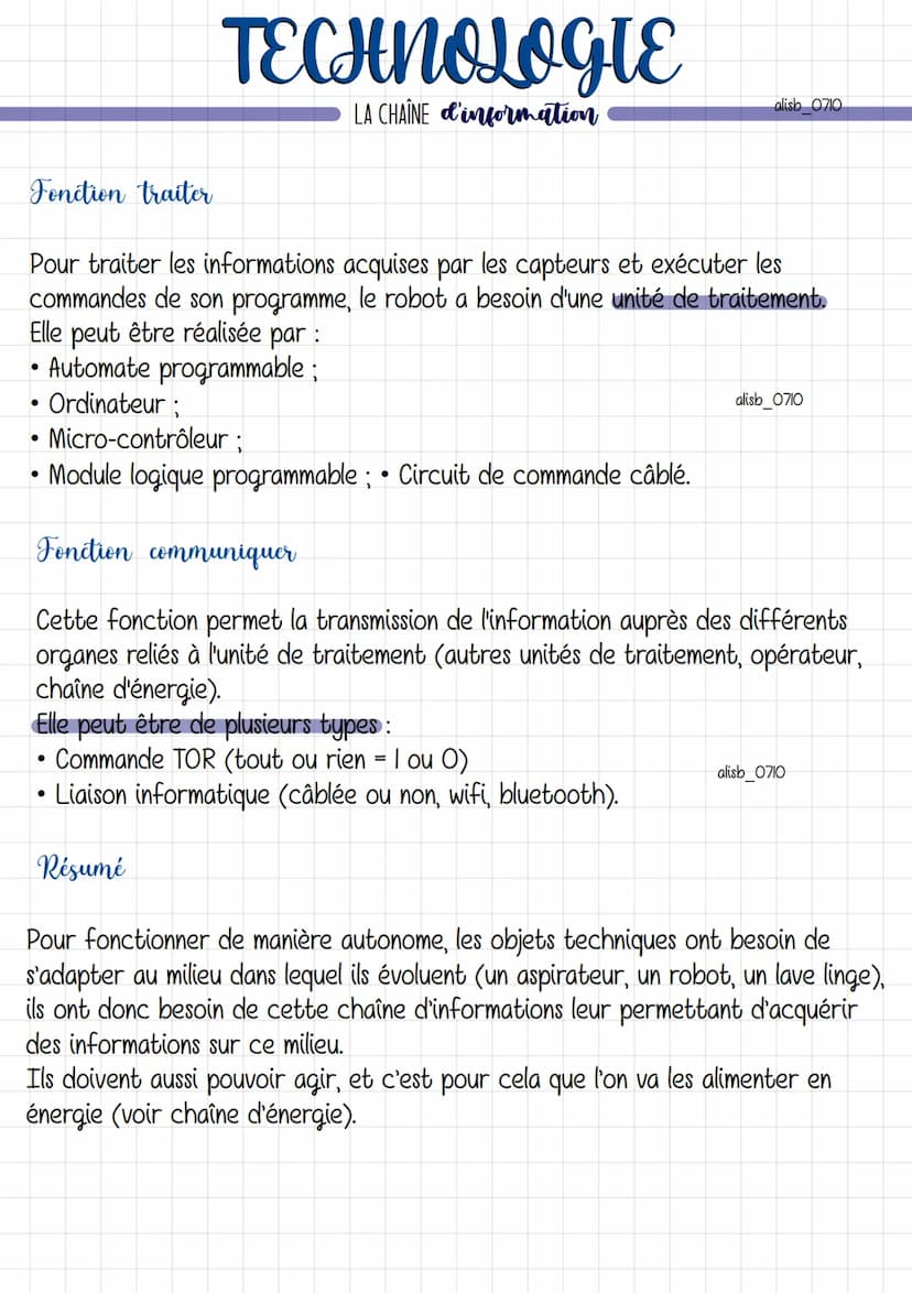 La chaîne d'information permet d'expliquer les flux d'informations à l'intérieur du
système. Elle est composée de 3 blocs fonctionnels.
ACQU