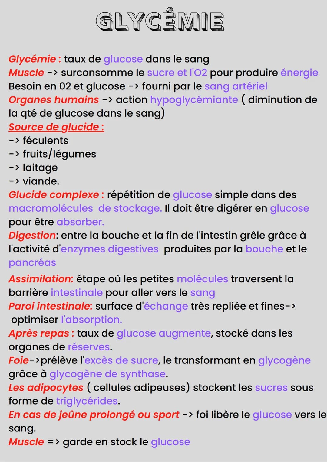 GLYCÉMIE
Glycémie : taux de glucose dans le sang
Muscle -> surconsomme le sucre et l'02 pour produire énergie
Besoin en 02 et glucose -> fou