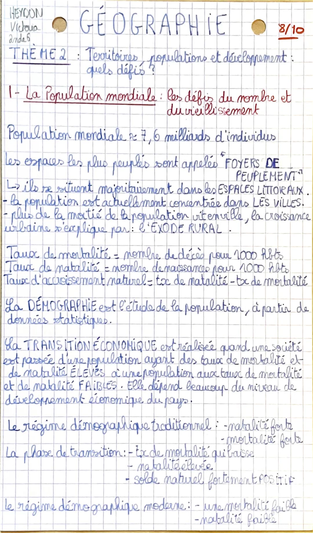 HEYDON
Victoria
ande
GEOGRAPHIE
:
THEME 2 Territoires populations et développement :
quels défis?
8/10
●
1- La Population mondiale: les défi