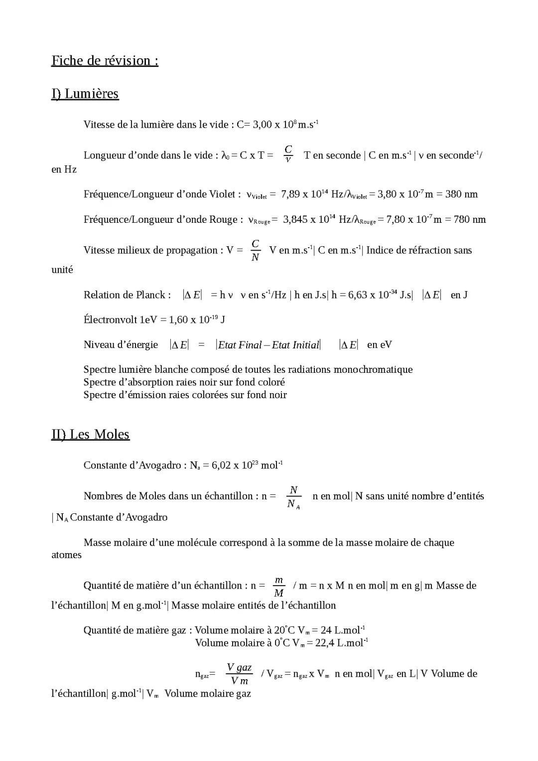 Modèle ondulatoire et particulaire de la lumière, Moles et solution coloré 
