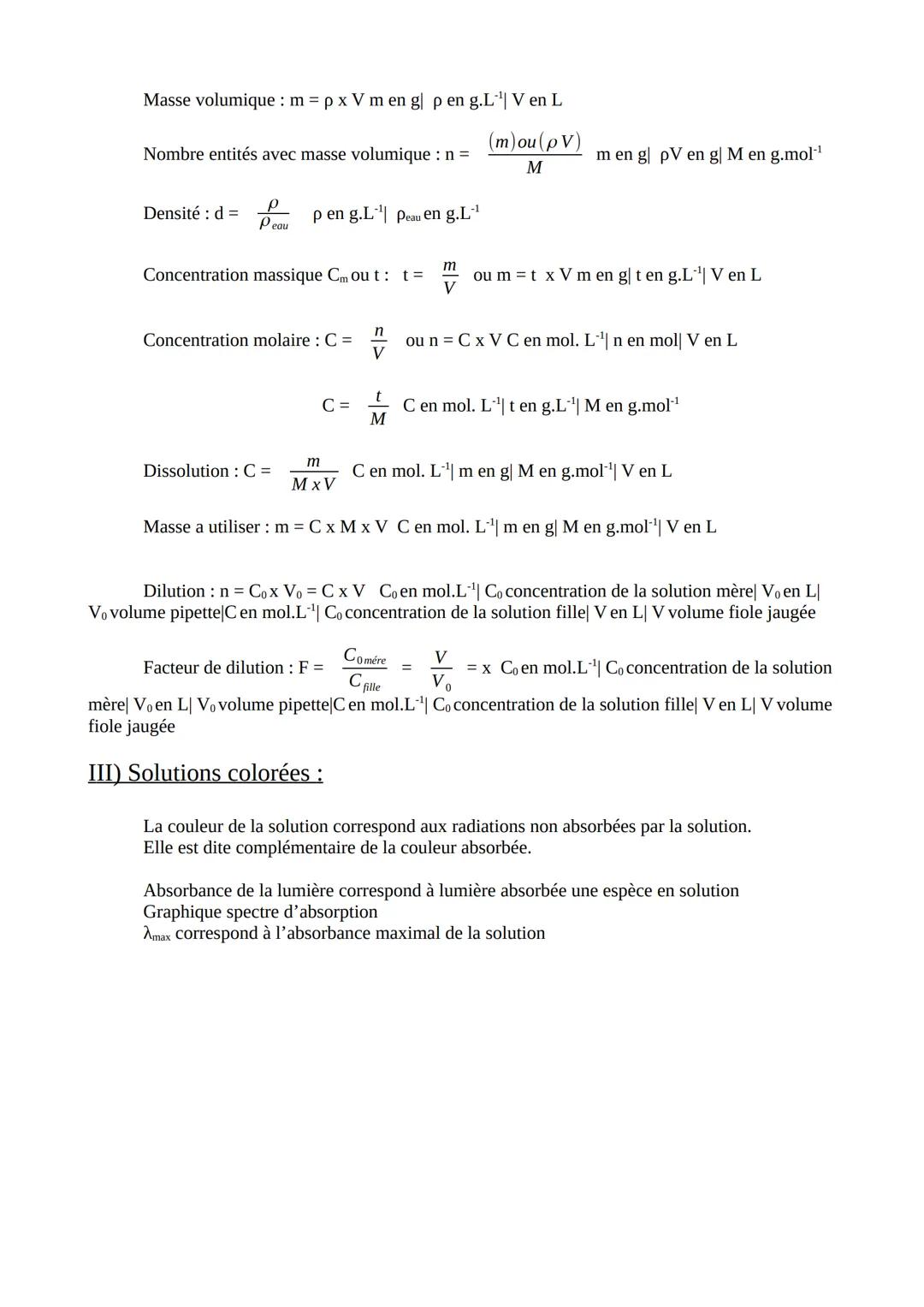 Fiche de révision :
I) Lumières
en Hz
unité
Vitesse de la lumière dans le vide : C= 3,00 x 108 m.s-¹
Longueur d'onde dans le vide: λo= C x T