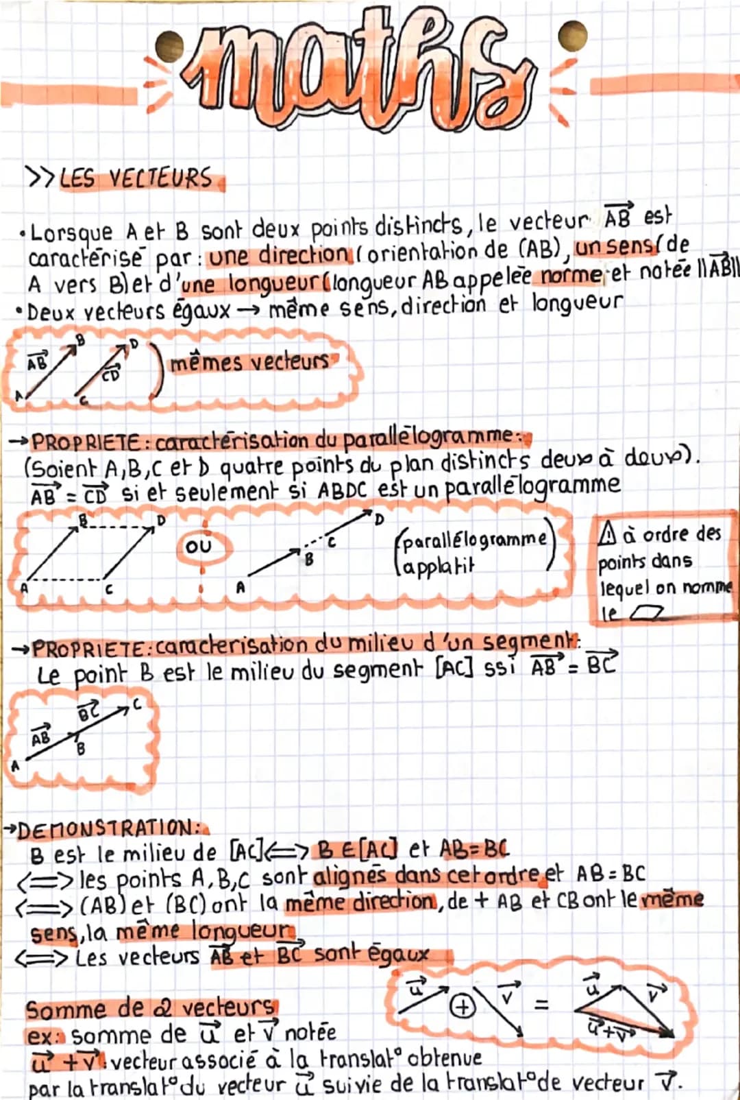•maths
>>LES VECTEURS
Lorsque A et B sont deux points distincts, le vecteur AB est
caractérise par une direction (orientation de (AB), un se