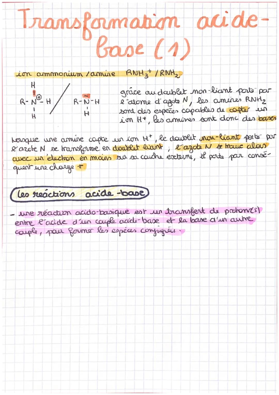 # Transformations acide -
base (1)

• Le pH: grandeur sans unité

$PH = -log (\frac{[H_30^+]}{C_0})$

mol/L

$0<pH<7$ acide
$PH = 7$ meutre
