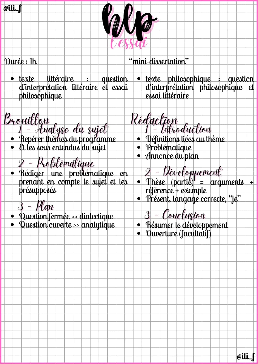 @ili_f

Durée: 1h
hlp
essai
• texte littéraire : question
d'interprétation littéraire et essai
philosophique
Brouillon
1- Analyse du sujet
•