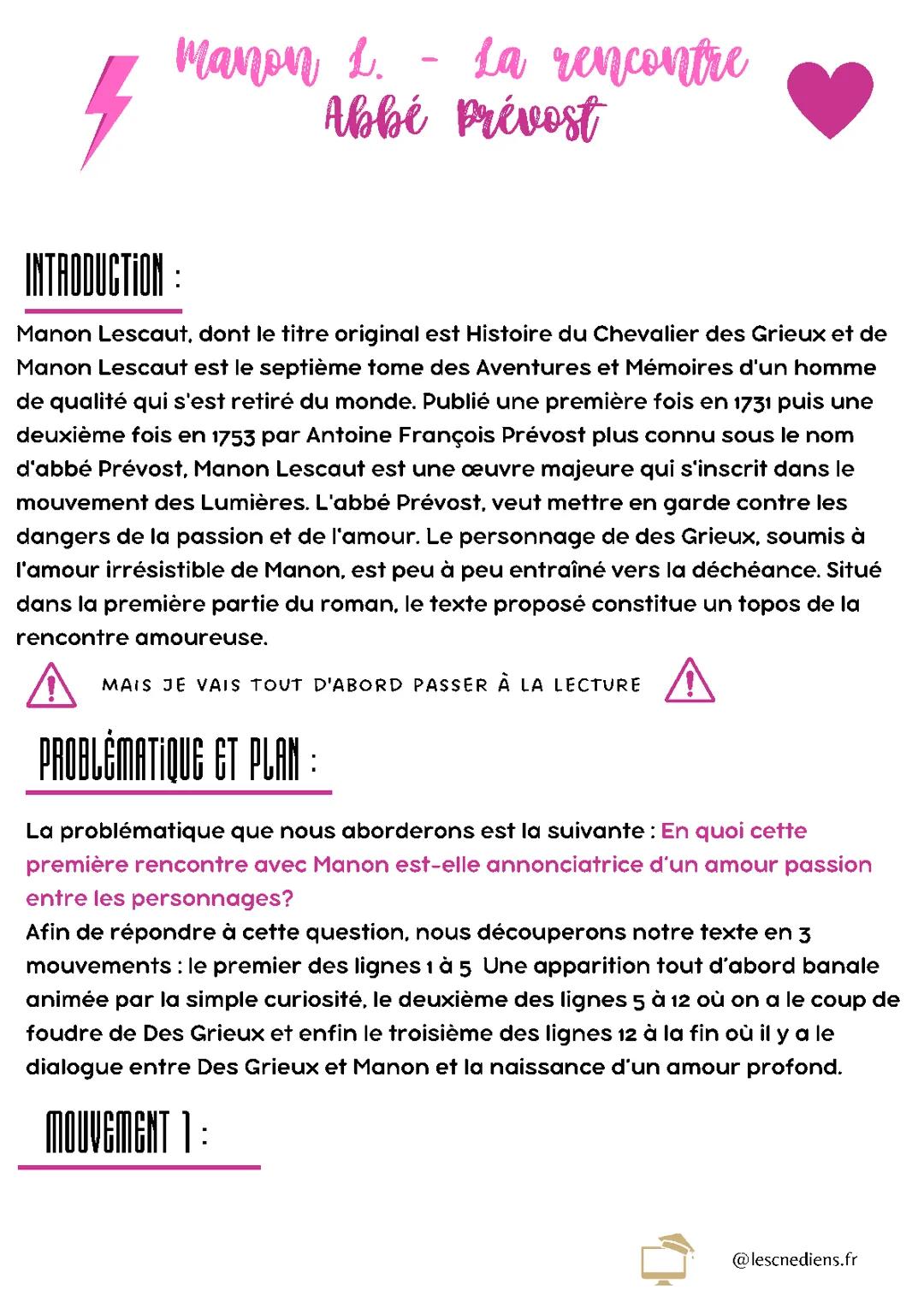 Manon Lescaut: La rencontre - Analyse linéaire PDF pour les Jeunes