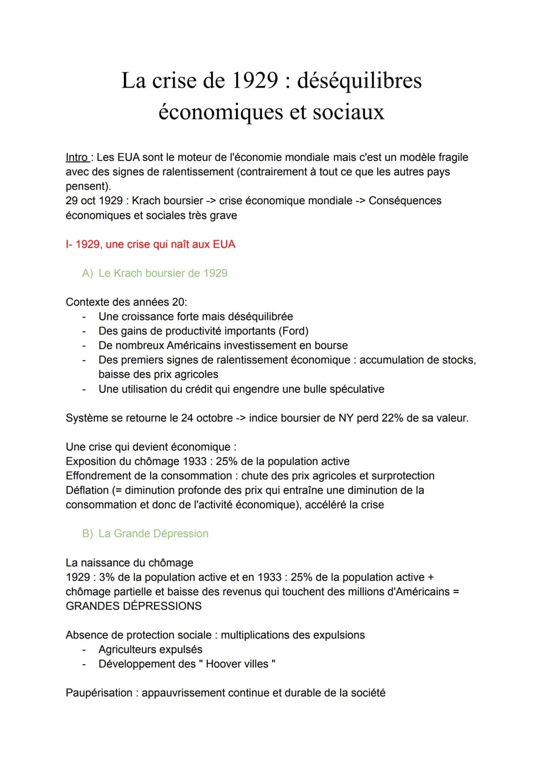 La crise de 1929 : déséquilibres
économiques et sociaux
Intro : Les EUA sont le moteur de l'économie mondiale mais c'est un modèle fragile
a