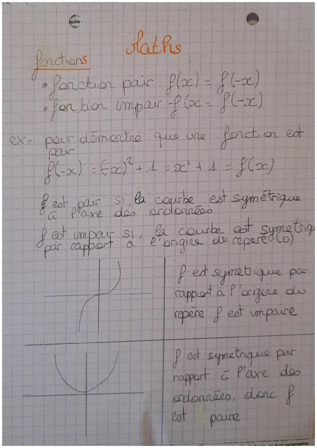 ssite
# laths
## fonctions
*   farction pair: f(ax) = 86-2x)
*   fortior impair -f (ox = f(-x)

ex. pour démontré que ore forctior est
pair
