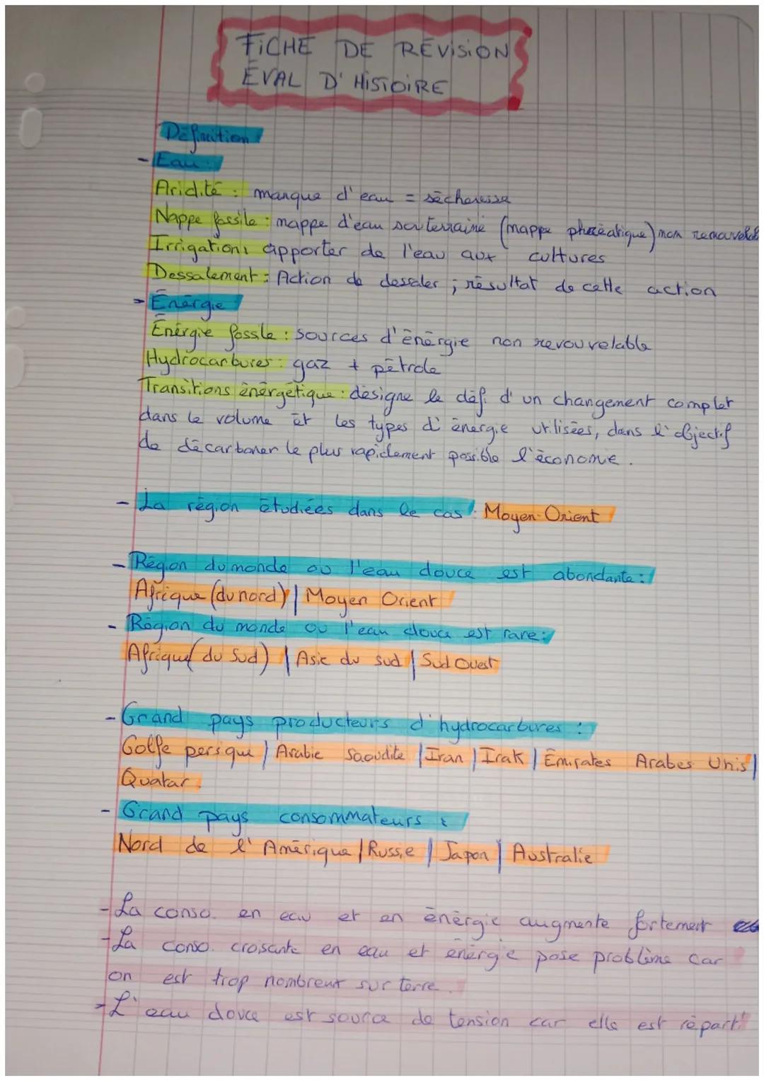 # FICHE DE REVISION
# EVAL D'HISTOIRE

Defaution

Aridité: manque d'eau = sécheresse

Nappe fossile: mappe d'eau sorterraine (mappe phaceati