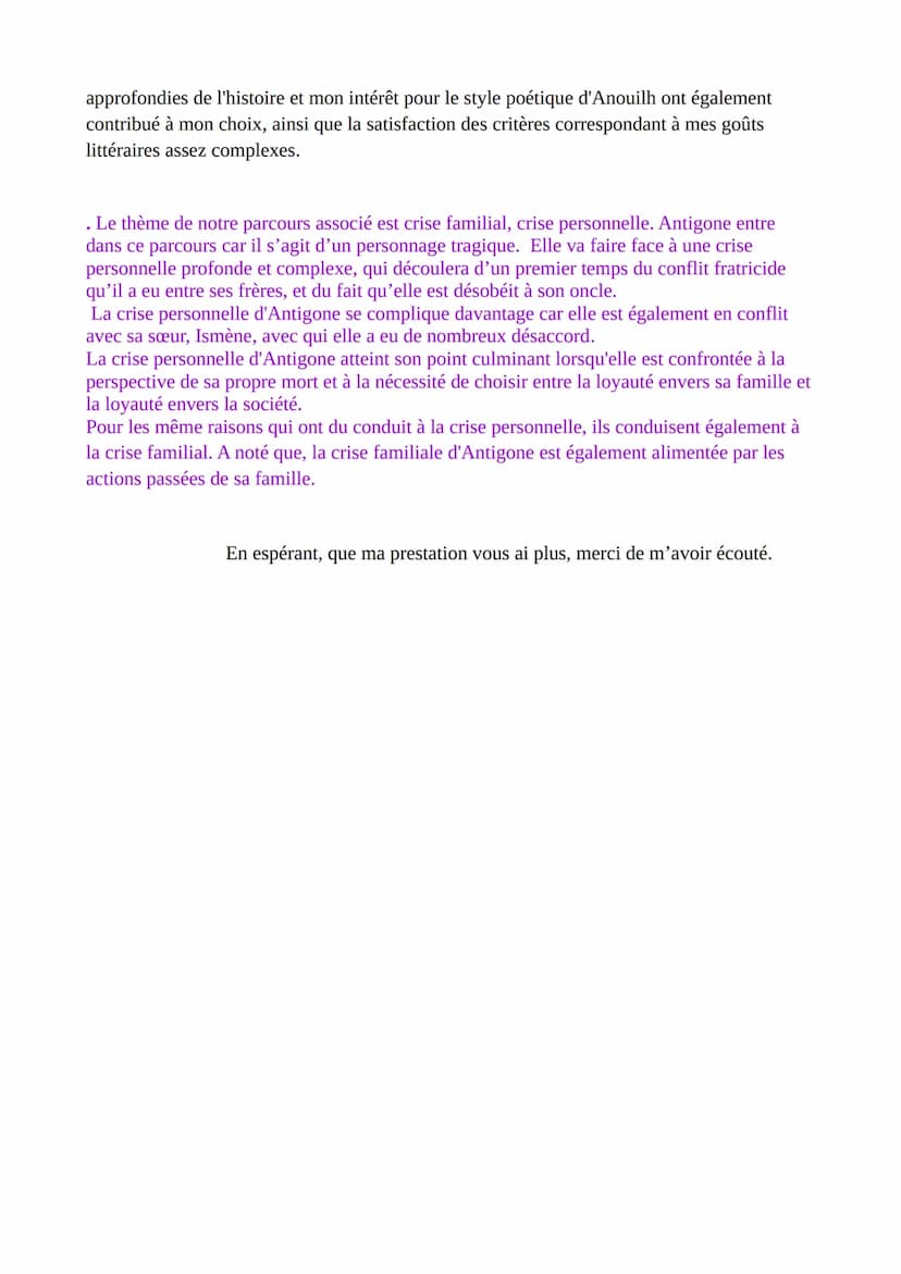 Exemple Partie II oral de Français
ANTIGONE
Contexte + Résumé :
"Antigone" est une pièce de théâtre écrite par Jean Anouilh en 1944 pendant 