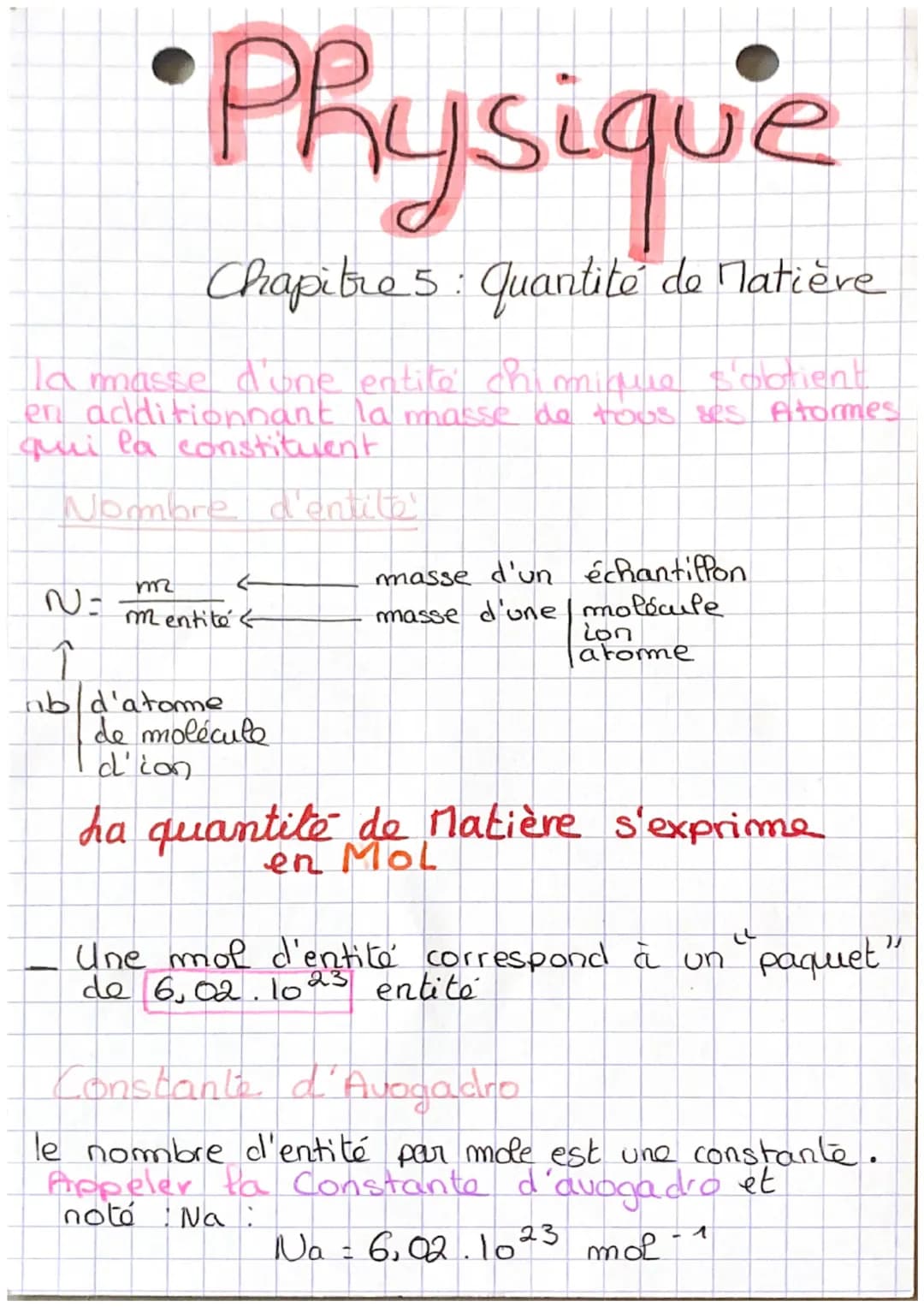 Physique
Chapitre 5: quantité de matière
Ta masse d'une entité chimique s'obtient
en additionnant la masse de tous ses Atormes
qui la consti