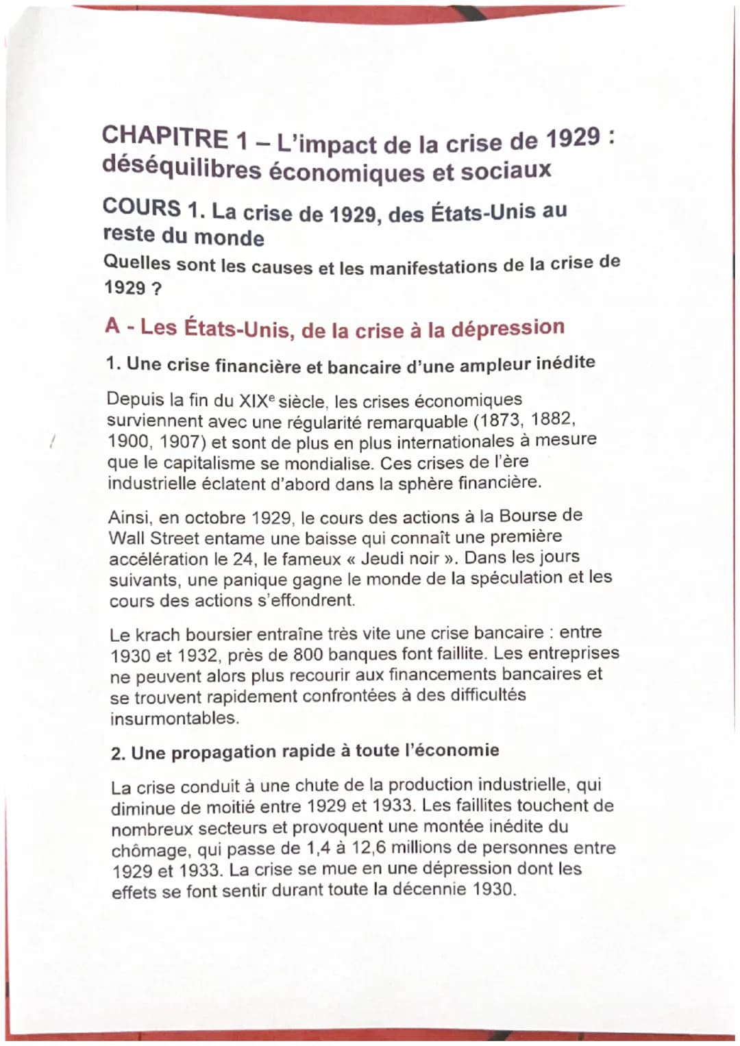 CHAPITRE 1 - L'impact de la crise de 1929:
déséquilibres économiques et sociaux
COURS 1. La crise de 1929, des États-Unis au
reste du monde

