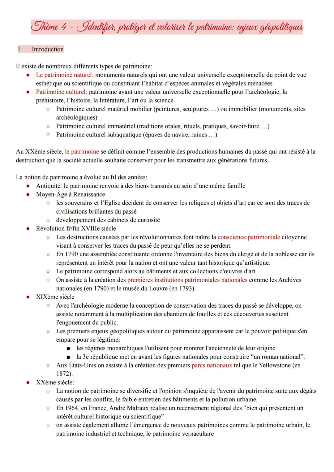 I.
●
Il existe de nombreux différents types de patrimoine:
● Le patrimoine naturel: monuments naturels qui ont une valeur universelle except