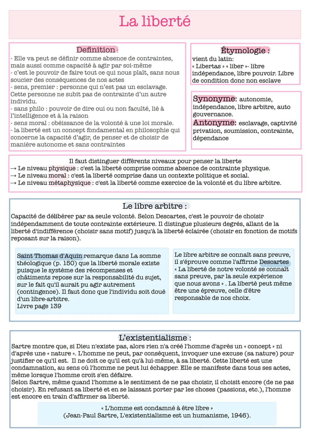 La liberté
Definition:
Elle va peut se définir comme absence de contraintes,
mais aussi comme capacité à agir par soi-même
c'est le pouvoir 