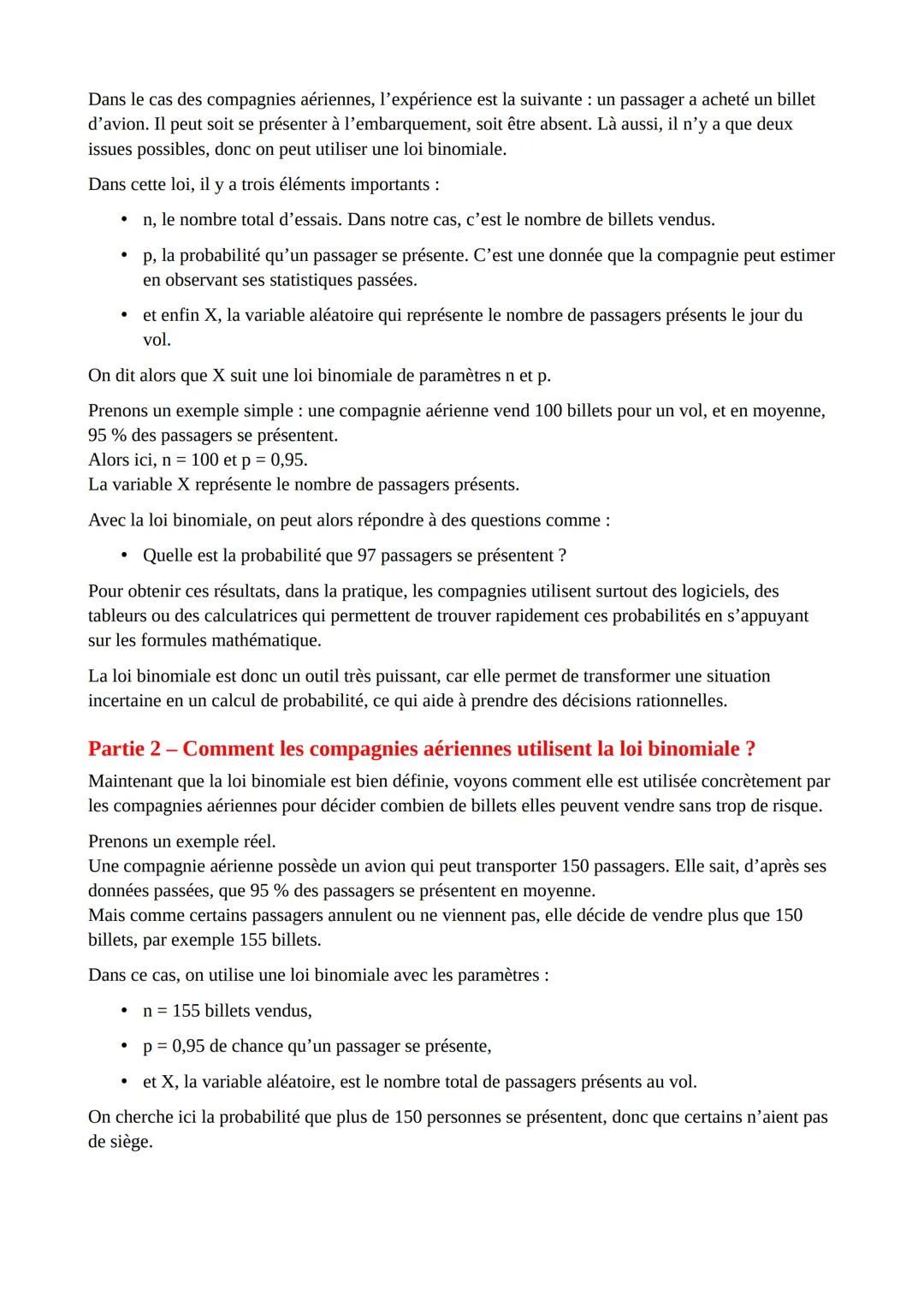 SUJET GRAND ORAL: comment les compagnies aériennes utilisent-elles les
mathématiques, et notamment la loi binomiale, pour gérer efficacement