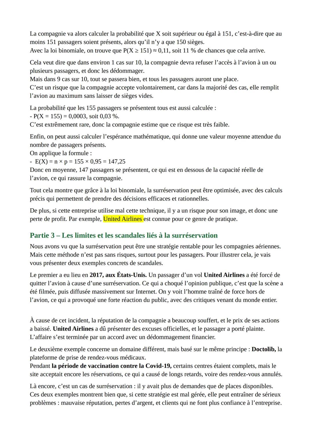 SUJET GRAND ORAL: comment les compagnies aériennes utilisent-elles les
mathématiques, et notamment la loi binomiale, pour gérer efficacement