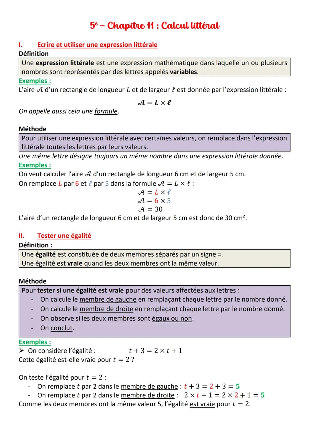 I.
5e-Chapitre 11: Calcul littéral
Ecrire et utiliser une expression littérale
Définition
Une expression littérale est une expression mathém