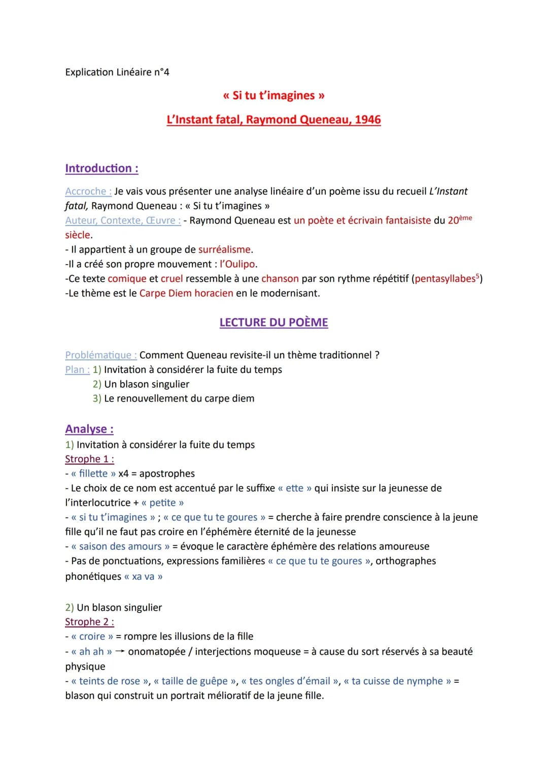 --- OCR Start ---
Explication Linéaire n°4
<< Si tu t'imagines >>>
L'Instant fatal, Raymond Queneau, 1946
Introduction:
Accroche: Je vais vo