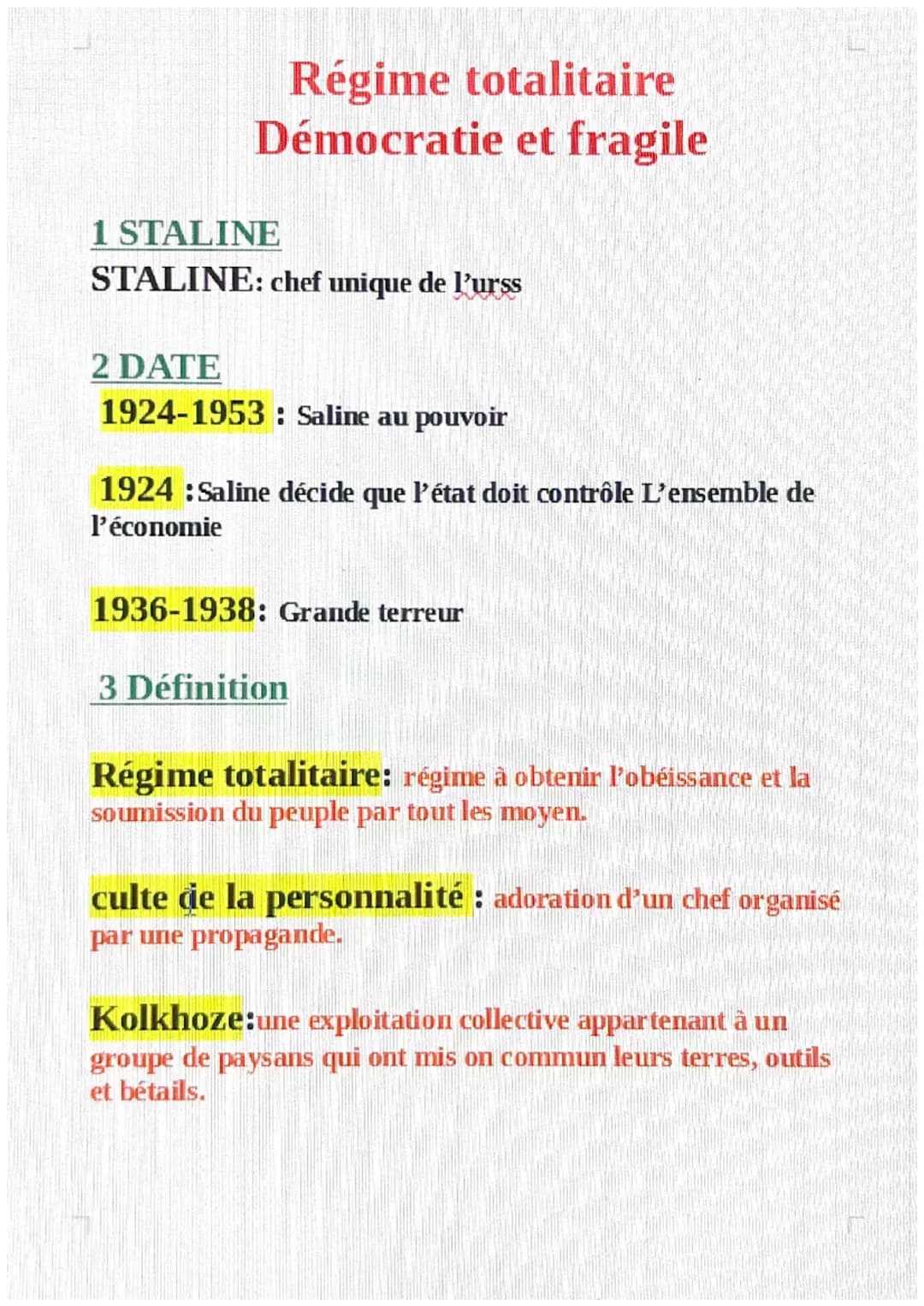 Régime totalitaire
Démocratie et fragile
1 STALINE
STALINE: chef unique de l'urss
2 DATE
1924-1953: Saline au pouvoir
1924: Saline décide qu