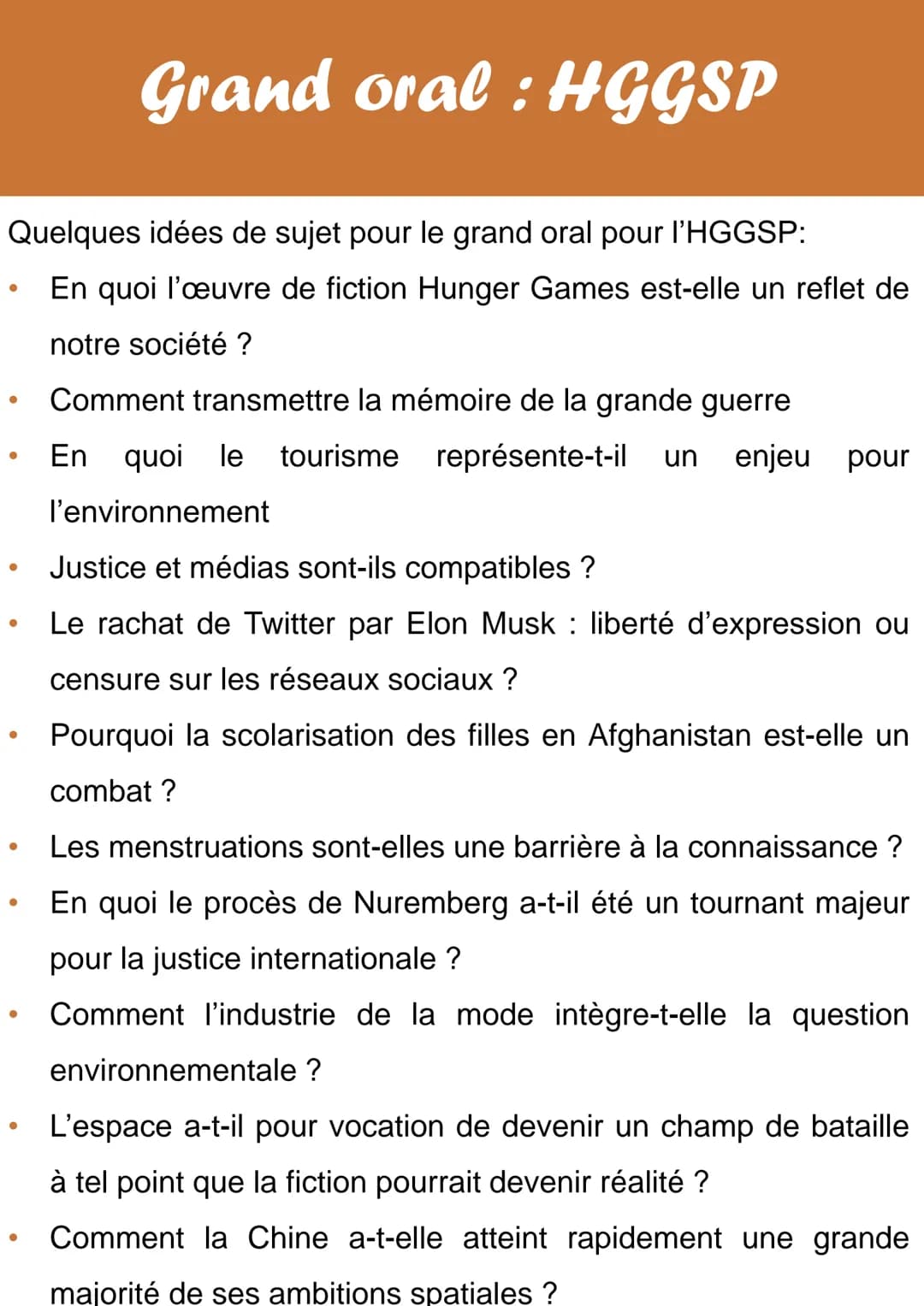 Quelques idées de sujet pour le grand oral pour l'HGGSP:
En quoi l'œuvre de fiction Hunger Games est-elle un reflet de
notre société ?
●
●
●