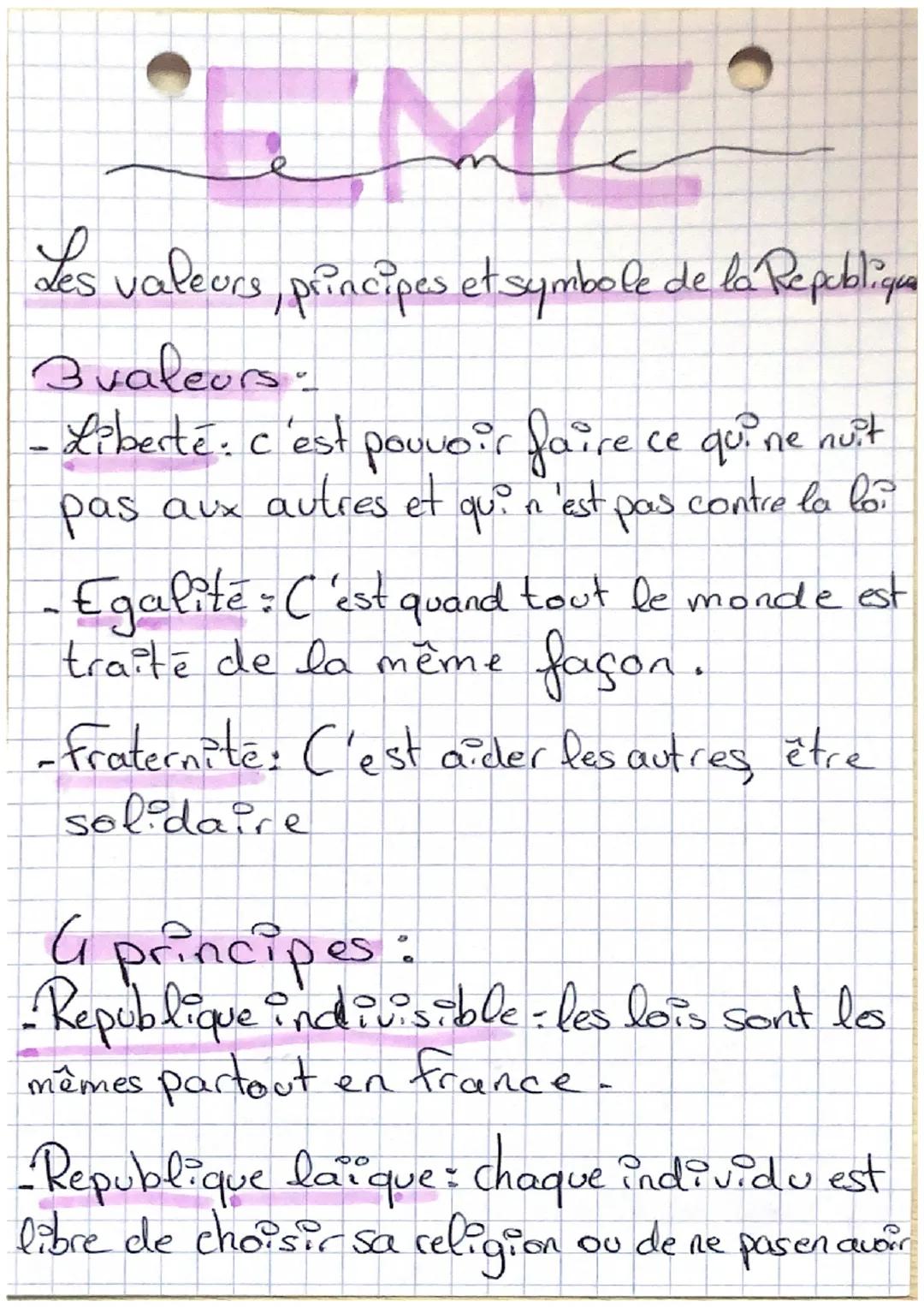 TMC
Les valeurs, principes et symbole de la Republique
3valeurs:
-Liberté. C'est pouvoir faire ce qui ne nuit
pas aux autres et qui n'est
co