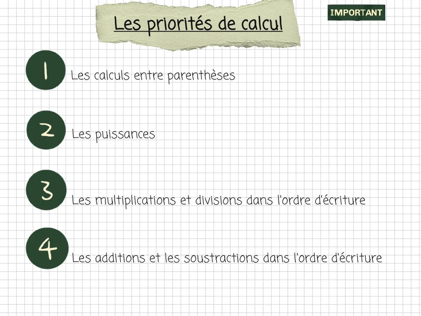 0
3
Les priorités de calcul
2 Les puissances
4
Les calculs entre parenthèses
IMPORTANT
Les multiplications et divisions dans l'ordre d'écrit