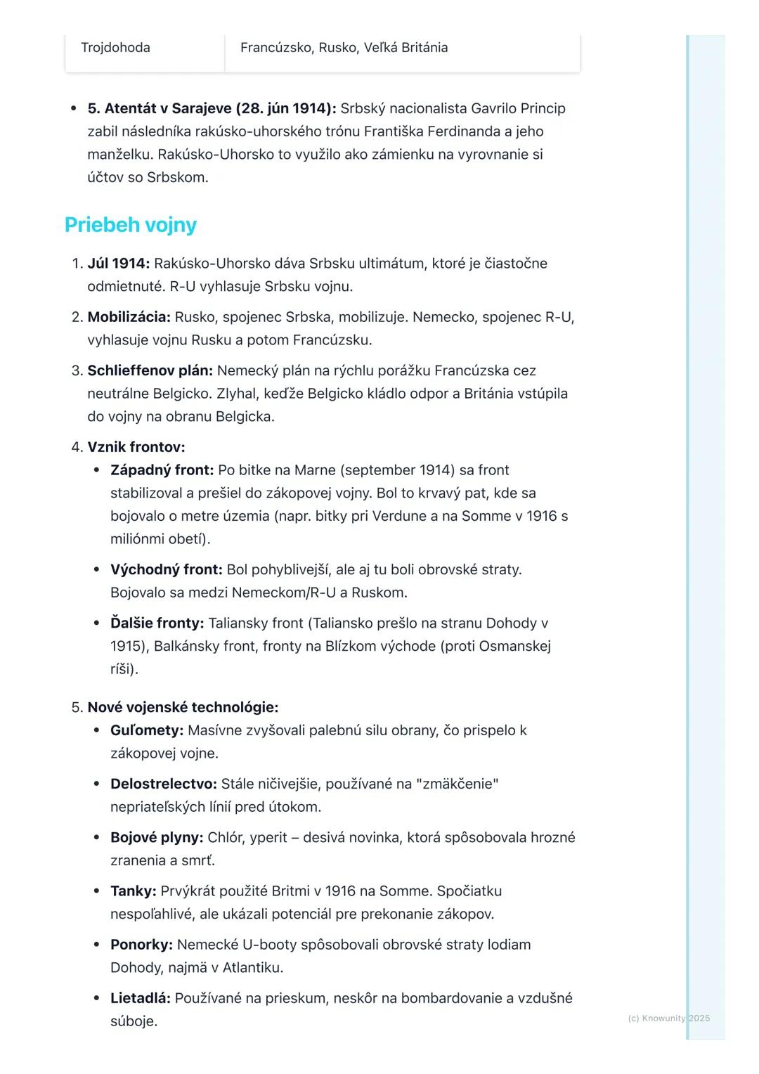 # Prvá svetová vojna

## 1. Prehľad prvej svetovej vojny

Prvá svetová vojna (skrátene P.S.V.) bola obrovský globálny konflikt, ktorý
prebie