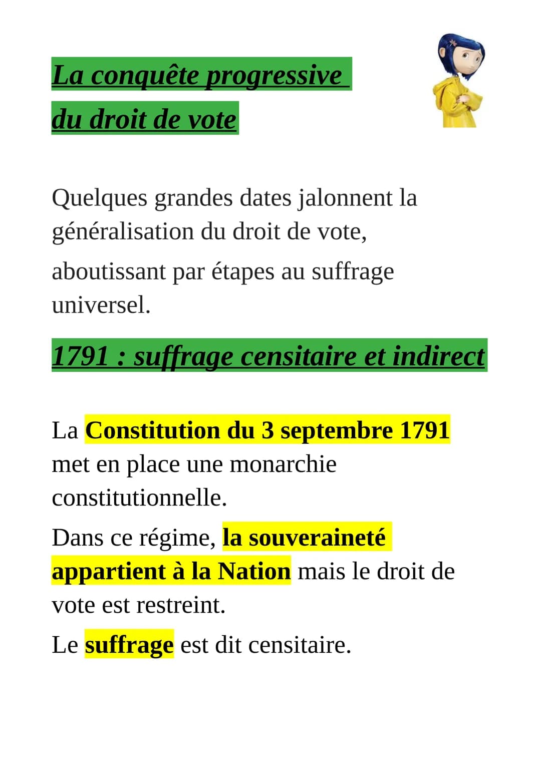 La conquête progressive
du droit de vote
Quelques grandes dates jalonnent la
généralisation du droit de vote,
aboutissant par étapes au suff