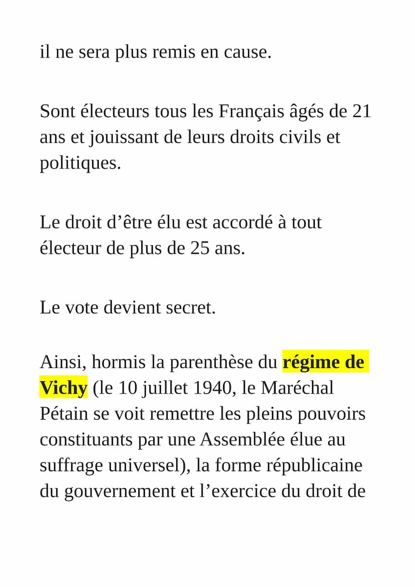 La conquête progressive
du droit de vote
Quelques grandes dates jalonnent la
généralisation du droit de vote,
aboutissant par étapes au suff