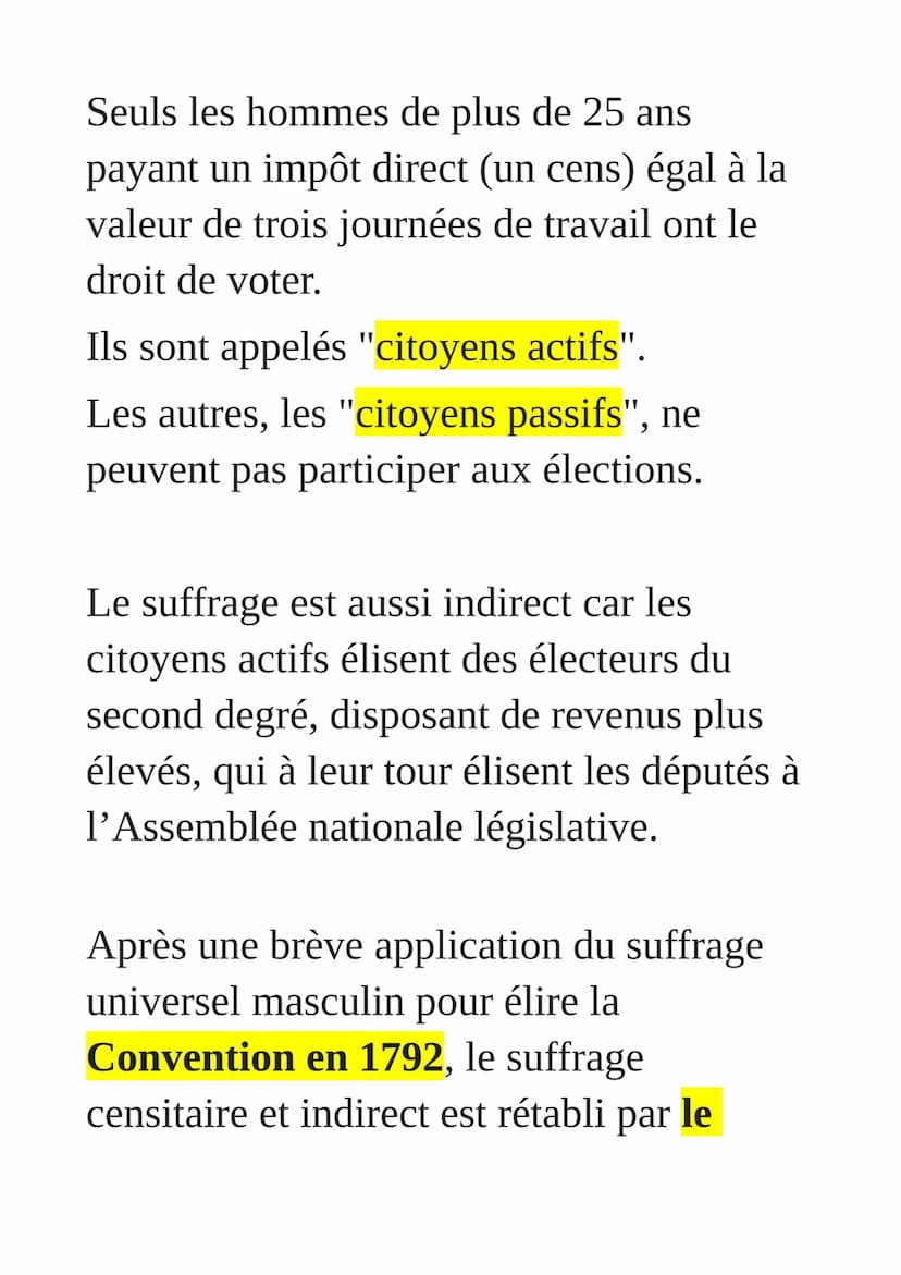 La conquête progressive
du droit de vote
Quelques grandes dates jalonnent la
généralisation du droit de vote,
aboutissant par étapes au suff