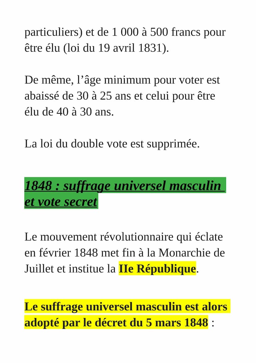 La conquête progressive
du droit de vote
Quelques grandes dates jalonnent la
généralisation du droit de vote,
aboutissant par étapes au suff