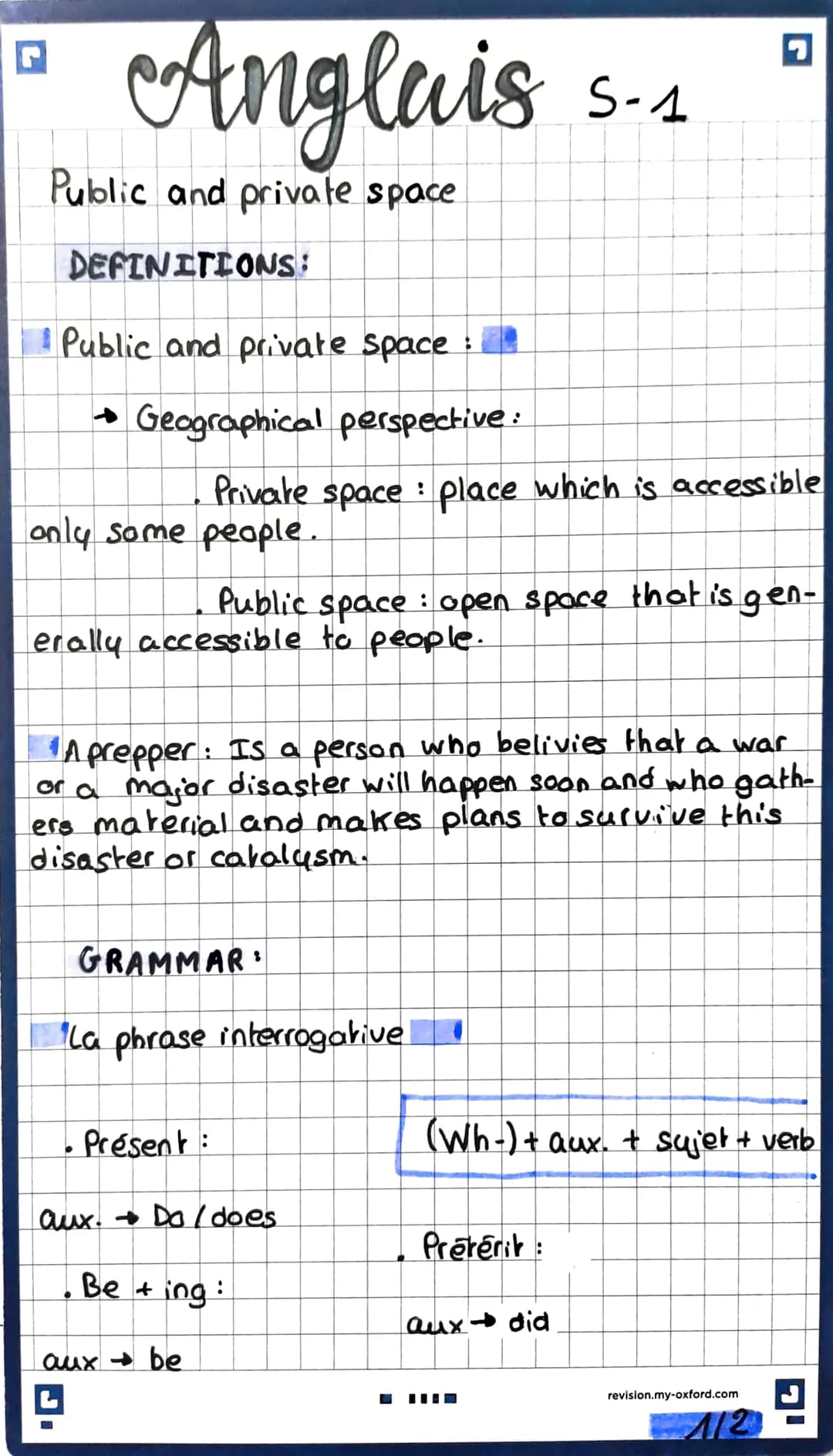 Anglais
Public and private space
DEFINITIONS:
Public and private space :
→Geographical perspective:
only some people.
Privale space place wh