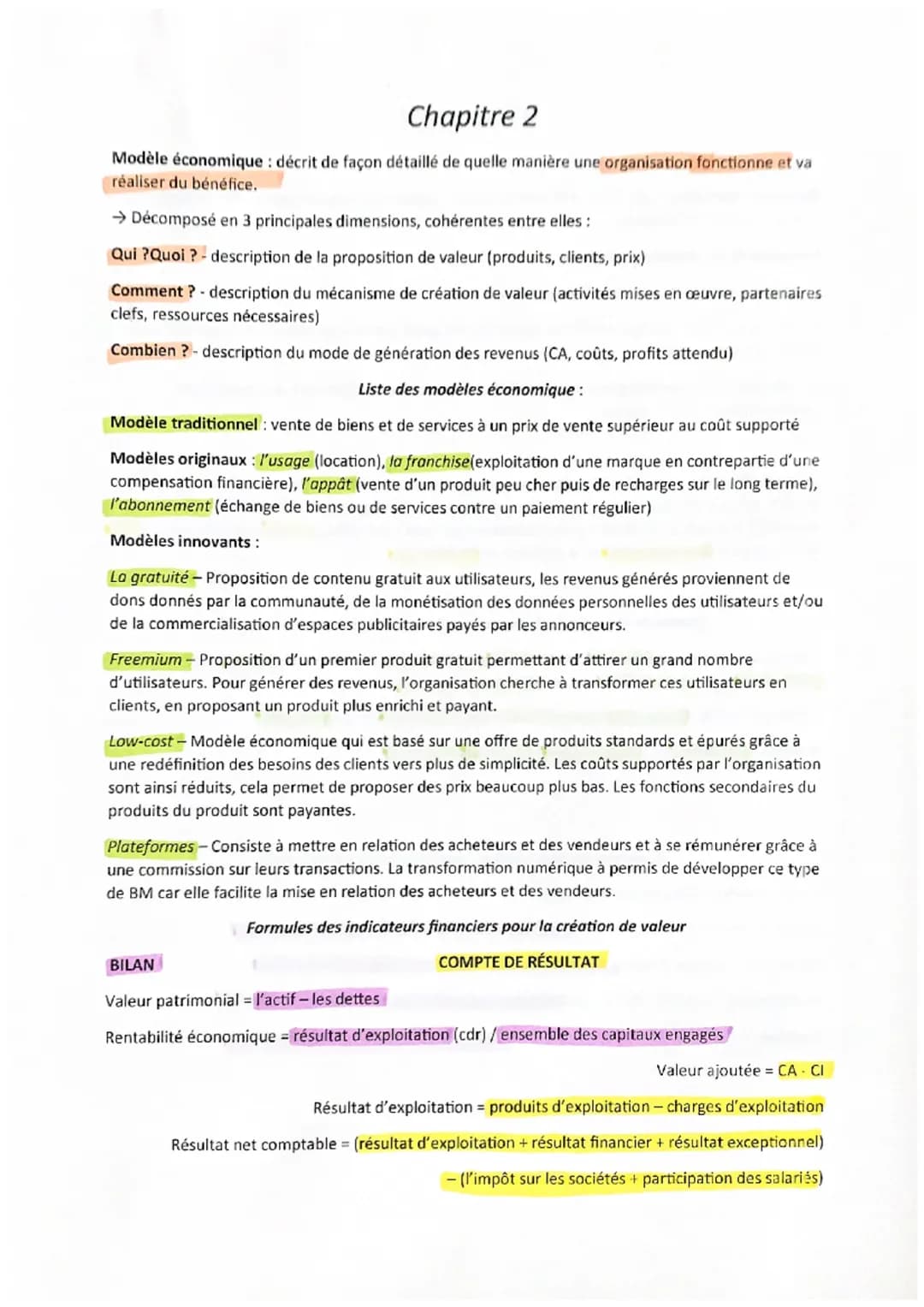 Chapitre 2
Modèle économique : décrit de façon détaillé de quelle manière une organisation fonctionne et va
réaliser du bénéfice.
→ Décompos