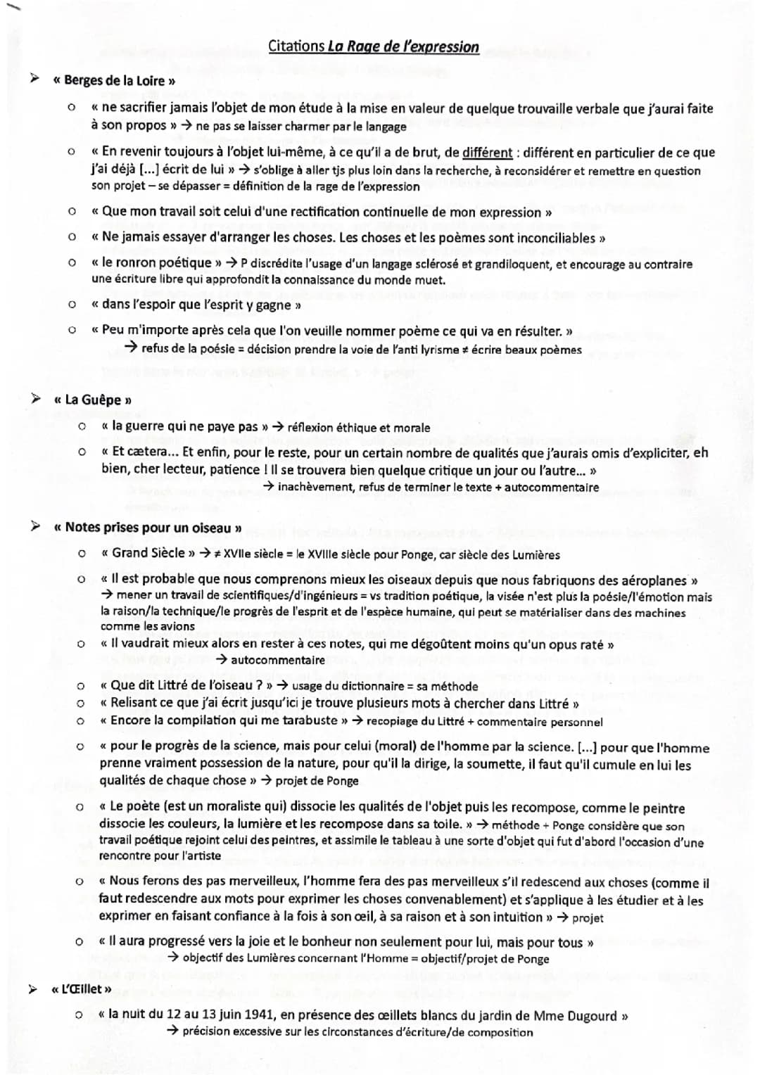 ⚠️Bac français : Citations importantes La Rage de l’expression, Ponge 