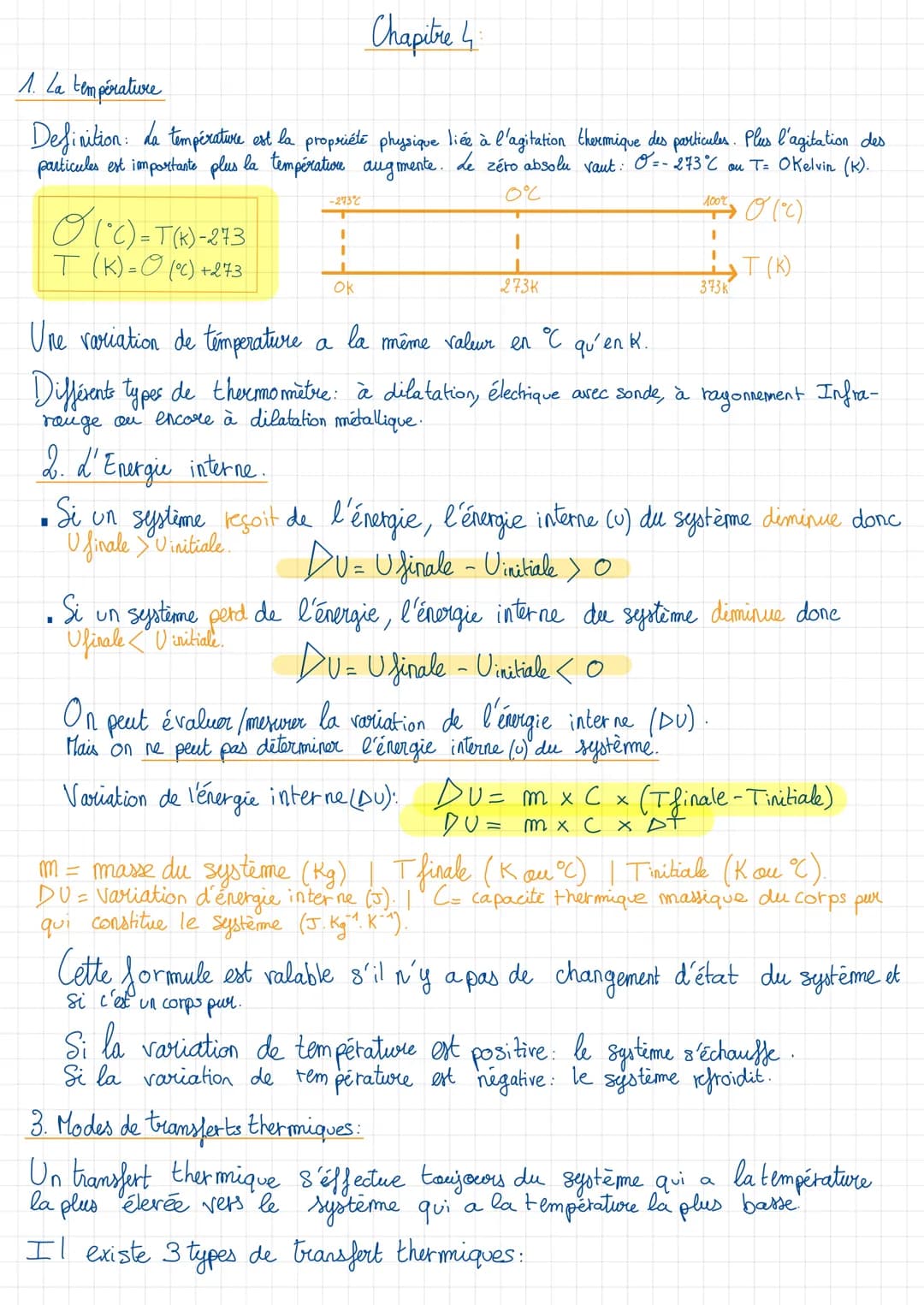 1. La température
Definition: La température est la propriété physique liée à l'agitation thermique des particules. Plus l'agitation des
par