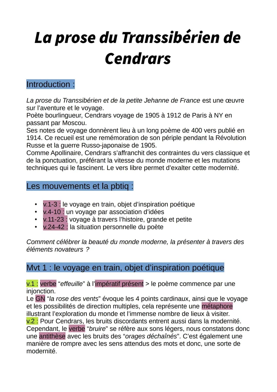 Découvre La Prose du Transsibérien: Résumé et Analyse PDF