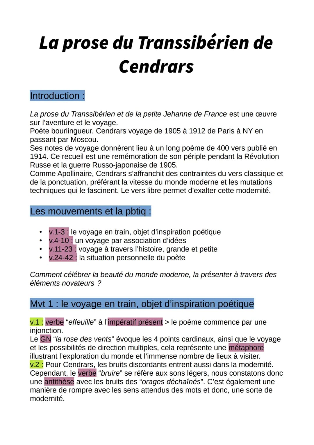 La prose du Transsibérien de
Introduction
La prose du Transsibérien et de la petite Jehanne de France est une œuvre
sur l'aventure et le voy