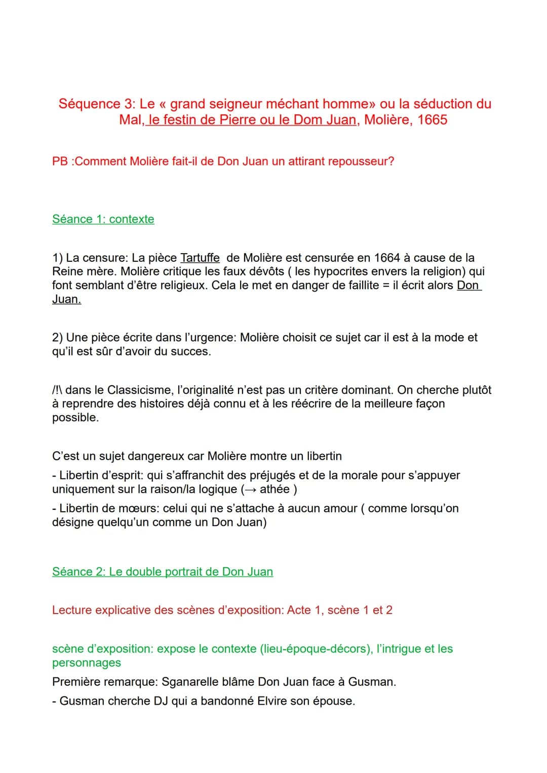 Séquence 3: Le « grand seigneur méchant homme» ou la séduction du
Mal, le festin de Pierre ou le Dom Juan, Molière, 1665
PB :Comment Molière