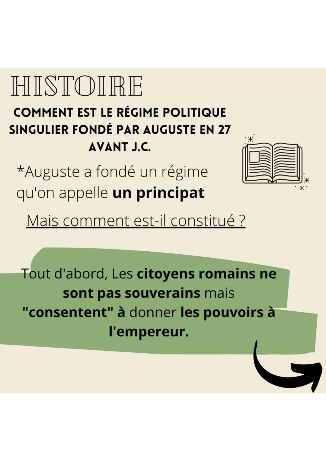 HISTOIRE
COMMENT EST LE RÉGIME POLITIQUE
SINGULIER FONDÉ PAR AUGUSTE EN 27
AVANT J.C.
*Auguste a fondé un régime
qu'on appelle un principat
