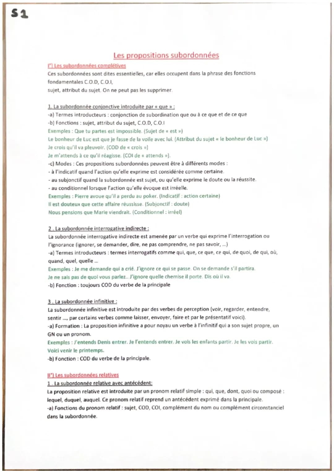 S1
Les propositions subordonnées
" Les subordonnées complétives
Ces subordonnées sont dites essentielles, car elles occupent dans la phrase 