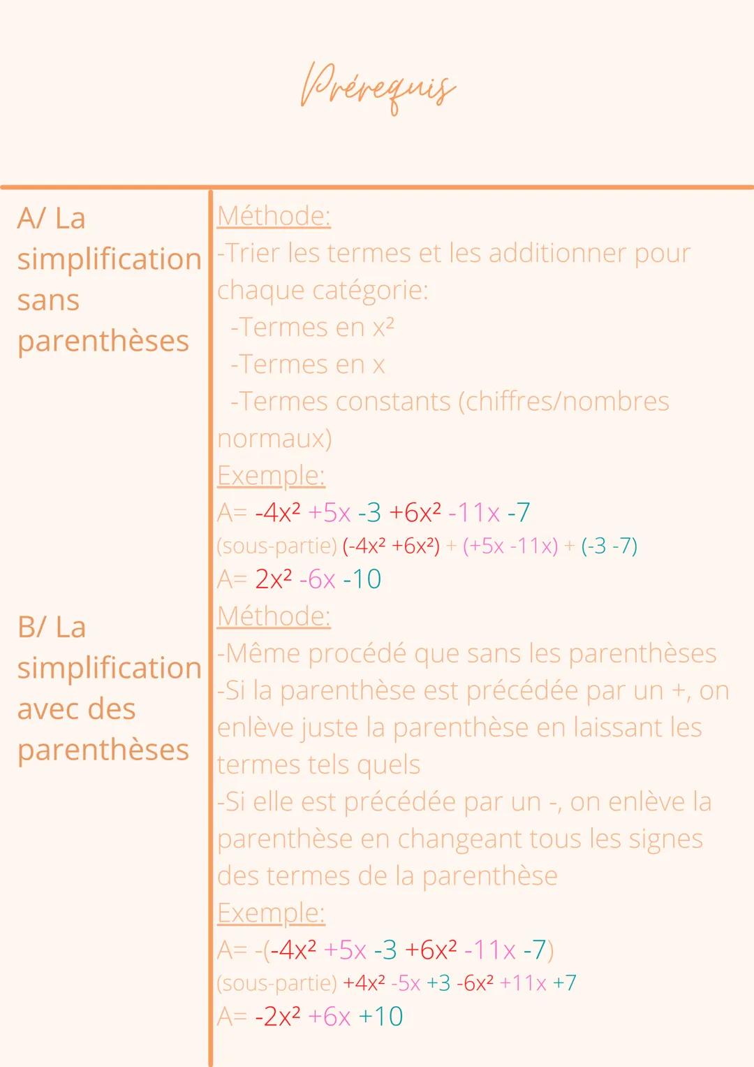 A/ La
simplification
sans
parenthèses
B/ La
simplification
avec des
parenthèses
Prérequis
Méthode:
-Trier les termes et les additionner pour