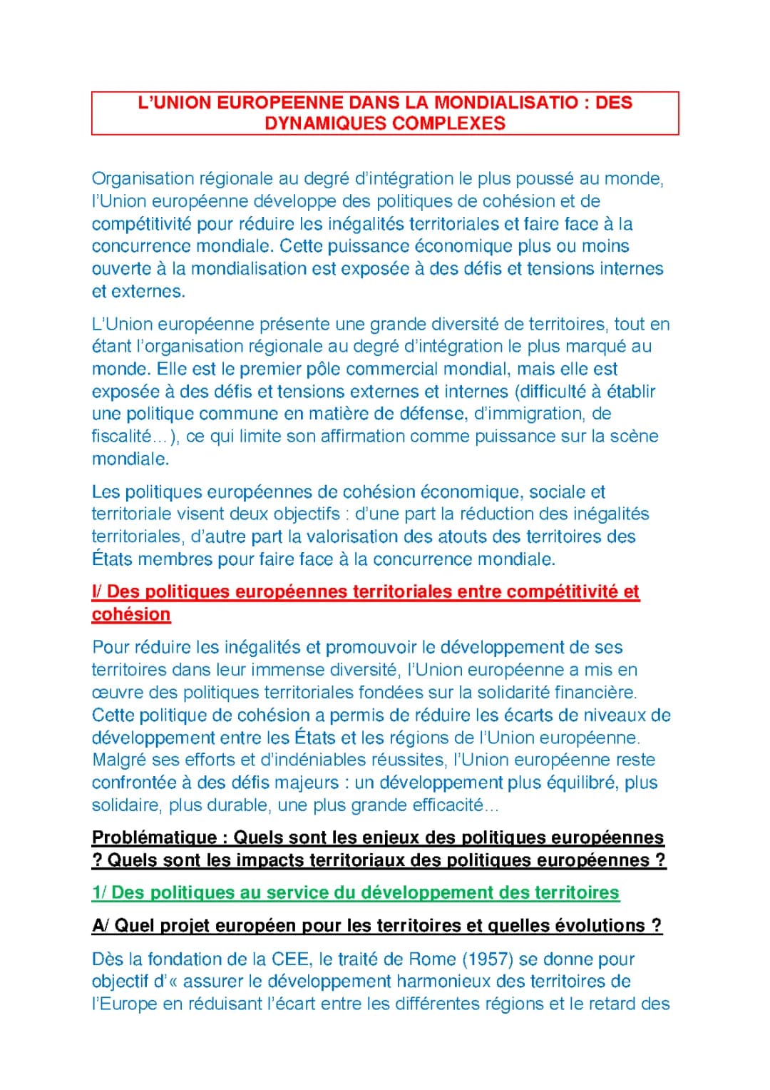 L'Union Européenne dans la Mondialisation : Cohésion Territoriale et Sociale Définition, et Problèmes en Europe