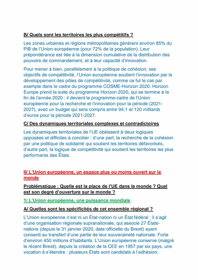 L'UNION EUROPEENNE DANS LA MONDIALISATIO : DES
DYNAMIQUES COMPLEXES
Organisation régionale au degré d'intégration le plus poussé au monde,
l