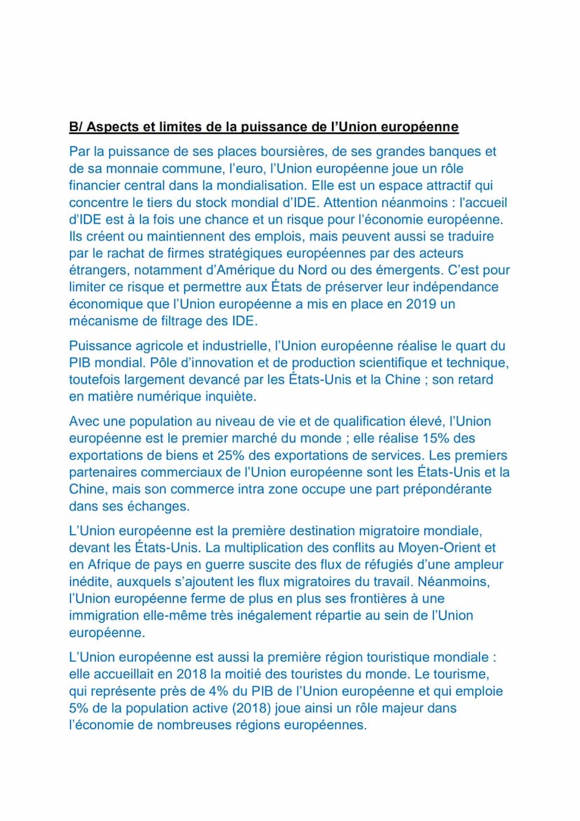 L'UNION EUROPEENNE DANS LA MONDIALISATIO : DES
DYNAMIQUES COMPLEXES
Organisation régionale au degré d'intégration le plus poussé au monde,
l