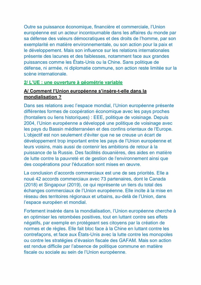 L'UNION EUROPEENNE DANS LA MONDIALISATIO : DES
DYNAMIQUES COMPLEXES
Organisation régionale au degré d'intégration le plus poussé au monde,
l