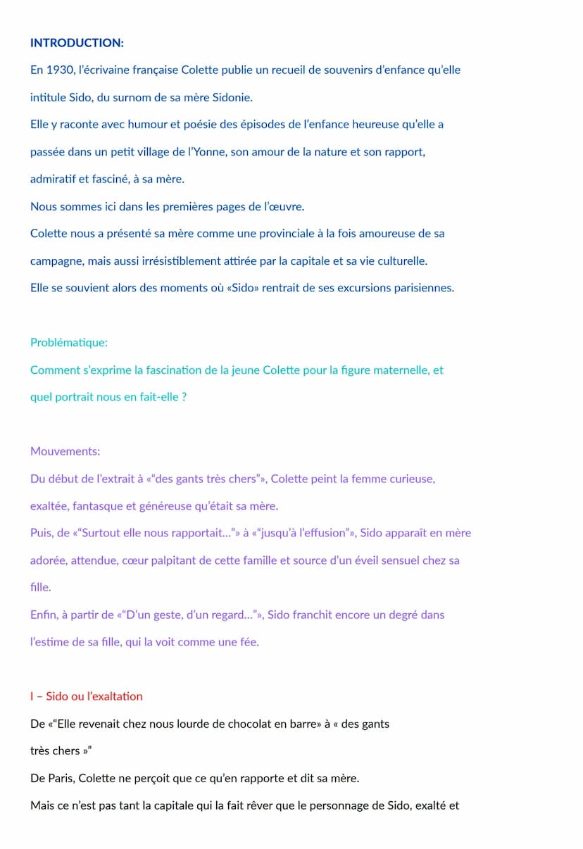 Sido suivi de Les brilles de la vigne
Texte à étudier:
Elle revenait chez nous lourde de chocolat en barre, de denrées exotiques et
d'étoffe