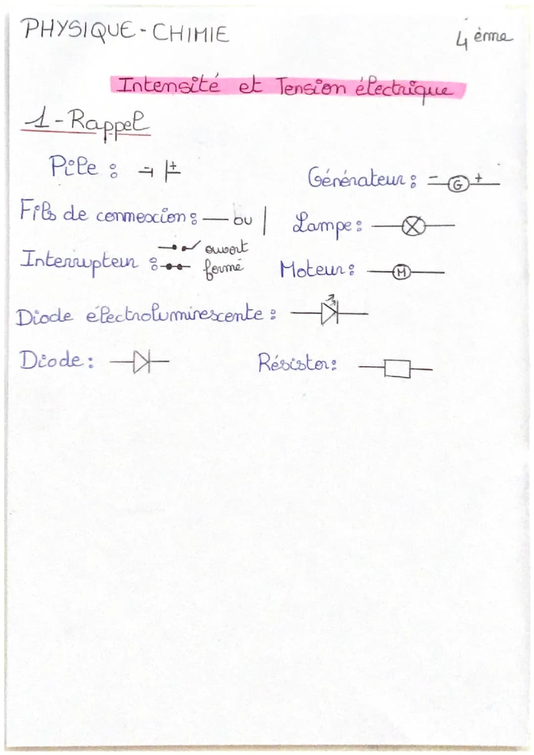 PHYSIQUE-CHIMIE
Intensité et Tension électrique
1-Rappel
Pile :
- 1
Fils de connexion : OU
Générateur:
•| Lampe:
- ouvert
Interruptein forme
